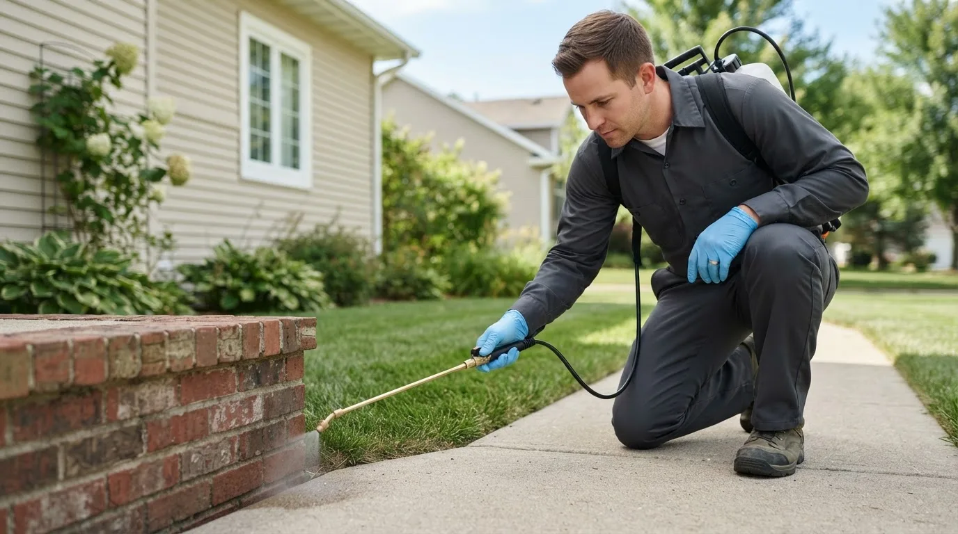 Pest control technician treating a home near Mesopotamia, OH