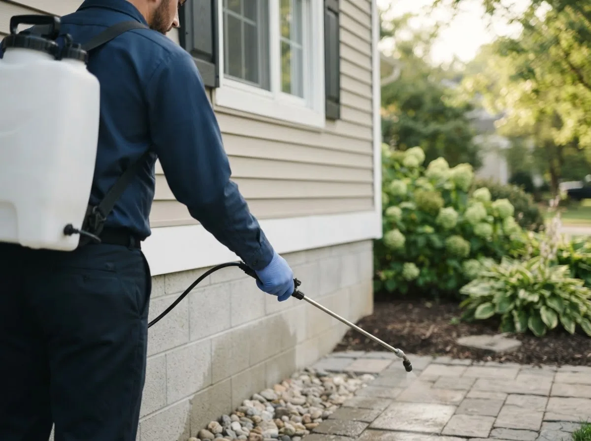 Pest control technician inspecting a home in Mesopotamia, OH